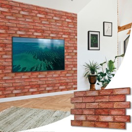 3D Faux Brick Wall Panels 37.8’’ x 18.9’’ - 10 Sheets, Covers 4.6 sqm / 49.6 sq ft - Decorative Artificial PVC Wall Panels for Cladding - Kitchen, Living Room, Bedroom, Office - Reddish Brown Brick