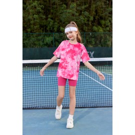 Arshiner Girls 2 Piece Outfits Cute Tie Dye Clothes Drop Shoulder Tee and Biker Shorts Sets Kids Summer Clothing Sets 9-10Y