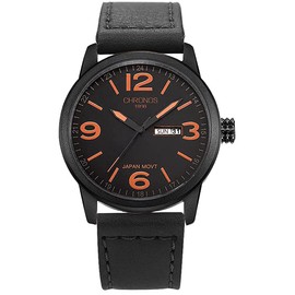 CHRONOS Quartz Men's Black Watches Leather Wrist Watch Waterproof Classic Brown Dial Large Number Calendar Timepiece