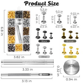 240 Sets Leather Rivets Kit, Double Cap Brass Rivets Leather Studs with 3PCS Setting Tools for Leather Repair and Crafts, 4 Colors and 3 Sizes