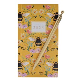 Widdle Gifts Gift Set 2026 Slimline Week To View Diary and Pen, suitable for Home, Bag, Office or School in Matching Gift Box (Yellow with Bees 4013)