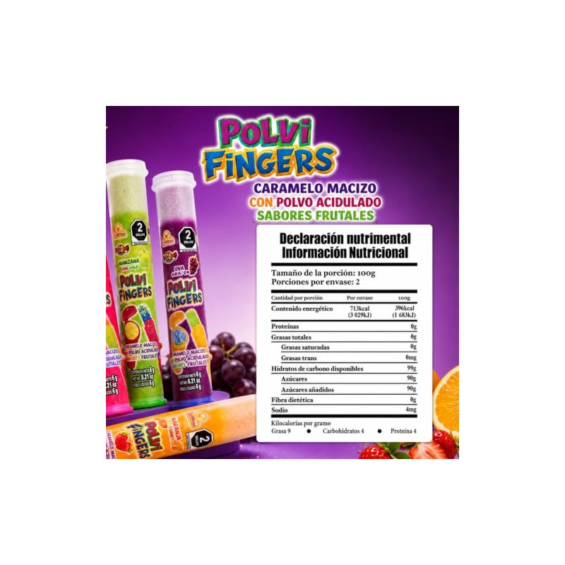Polvi Fingers 30 piezas, Caramelo Macizo con Polvo Acidulado, Sabores