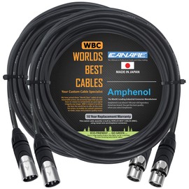 WORLDS BEST CABLES 2 Units - 20 Foot - Canare L-4E6S, Star Quad Balanced Male to Female Microphone Cables with Amphenol AX3M & AX3F Silver XLR Connectors Custom Made