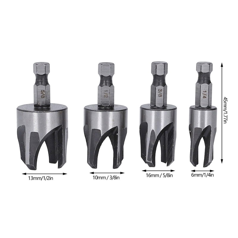 4PCS Tapered Plug Cutter Set 1/4in Hex Shank Claw Type