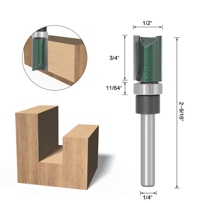 Wolfride 4PCS Straight Router Bit with Bearing, 1/4-Inch Shank Top