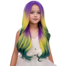 PATTNIUM Mardi Gras Wig for Girls Kids Purple Yellow Green Ombre Wig Long Multi Color Wavy Curly Wigs Children Colorful Middle Part Synthetic Wigs