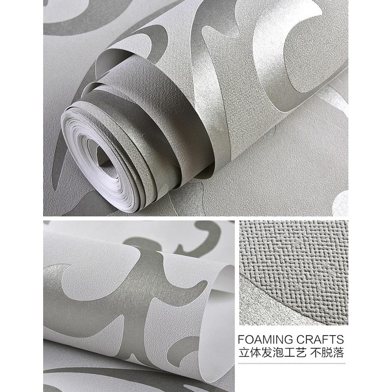 Q QIHANG Sliver Gray Victorian Damask Embossed Textured Non-Woven Material