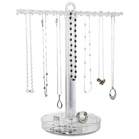 STORi Clear Plastic Necklace Holder with 30 Individual Pegs and Divided Jewelry Tray