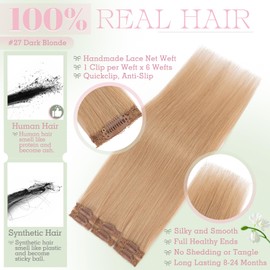 Elailite Real Hair Clip Extensions Blonde Silk Lace in Wefts 6 Pieces Hair Extensions Clip Invisible 44 g 45 cm for Volume/Meches (#27 Honey Blonde)