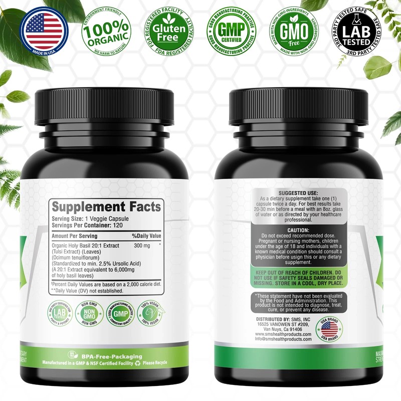 Smshealthproducts Holy Basil 20:1 Extract 2.5% Ursolic Acid Organic 120
