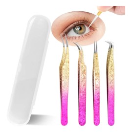 Kit 4pzs Pinzas Para Pestañas Version Oro Rosa Mink Volumen
