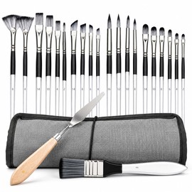 JYN‑ANREN 24Pcs Paint Brush Set, Professional 9 Shapes: Wide Flat, Filbert, Fan, Dagger, Cat Tongue, Round etc, for Acrylic, Oil, Watercolor, Includes Palette Knife & Waterproof Canvas Roll
