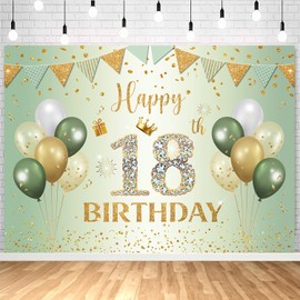 InMemory Sage Green Happy 18th Birthday Backdrop Sign Photo Photography Background Glitter Gold Sequins Balloons Theme Birthday Party Decorations Banner 6x4ft