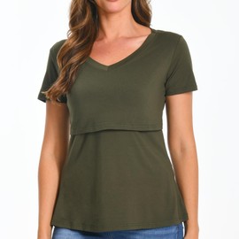 Bearsland Womens 3 Packs V Neck Nursing Tops Maternity Breastfeeding Tee Shirts,Black+ArmyGreen+Brown,XXL