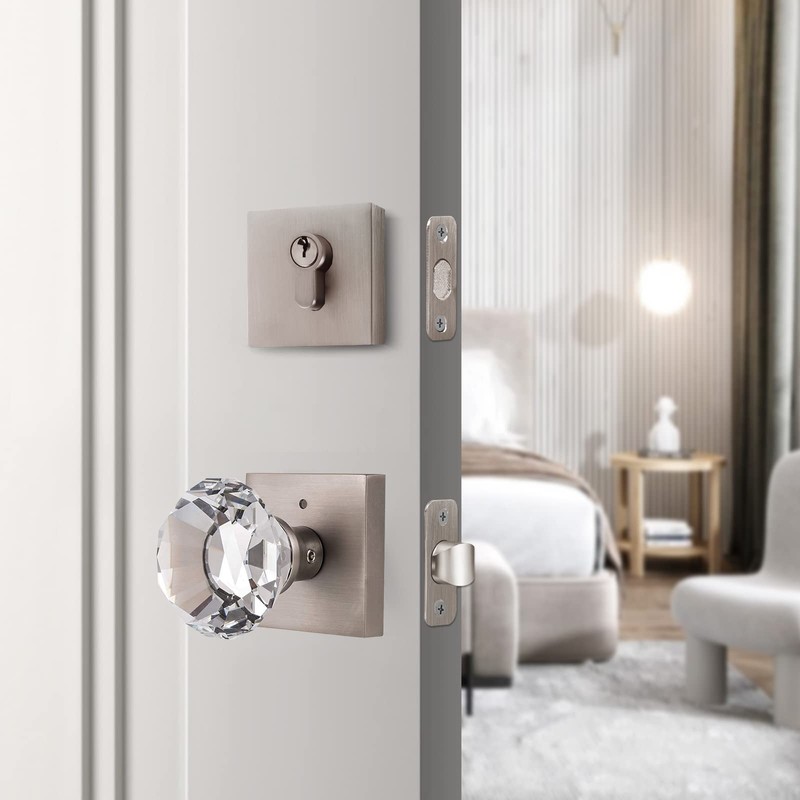 HIEMEY Glass Crystal Diamond Door Knobs and Single Cylinder Deadbolt