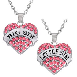 Nzztont Big Sister Little Sister Necklace Set Big Sis Little Sis Matching Jewelry Crystal Heart Pendant Necklace (Pink Big Sis & Little Sis)