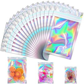 Jetmore 100 Pcs Resealable Mylar Bags, Smell Proof Goodie Bags with Clear Window, Small Holographic Bags for Halloween, Gift, Candy, Bracelet, Keychain, Treat, Product, Sealable Plastic Bags