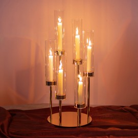 NUPTIO Hurricane Glass Candle Holders: 6 Arm Gold Metal Candlestick Candelabra with Removable Clear Cylinder Sleeve 24 inch Tall Candelabras Large Taper Holder for Outdoor Wedding Table Centerpiece