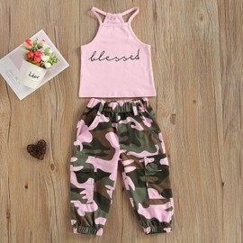 fhutpw Baby Toddler Kids Girls Clothes Sets 2pcs Halter Sleeveless Top & Camouflage Pants Sets Vest Outfits (Pink, 3-4T)