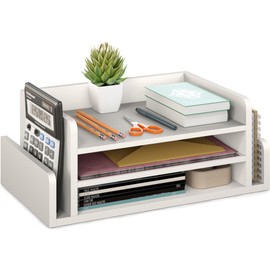 Ballucci 3-Tier Desk Organizer with 2 Side Mail Sorter Slots, Wood Letter Tray, Open Top Paper Organizer, Desktop File Organizer, White