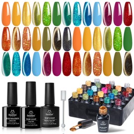 Beetles Fall Gel Nail Polish Set – 20 Colors Cat Eye Glitter Gel Polish Yellow Orange Green Red Colors with Base Glossy Mattle Top Coat Soak Off UV LED Gel Nail Kit for DIY Salon Manicure