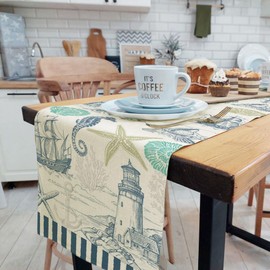 Camino de mesa de verano con estrellas de mar de coral costero, estilo retro, playa, animales marinos, hogar, cocina, comedor, camino de mesa náutico, decoración de fiesta para interiores y