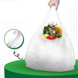 100 White Plastic Carrier Bags – Vest-Style Bags with Handles for Groceries, Boutique Markets & Takeaways 13 x 19 x 23 Inch (Large)