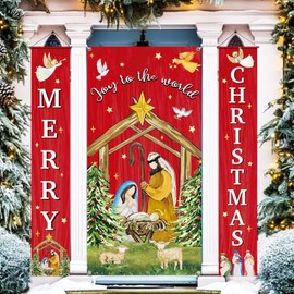 Tiamon 3 Pcs Christmas Nativity Door Decorations Jesus Christmas Door Cover Merry Christmas Porch Sign Joy to the World Door Banner for Xmas Winter Religious Holy Night Church Home Front Door Decor