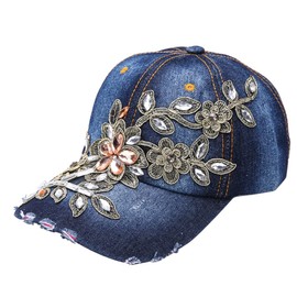 ITODA Women Embroidered Baseball Cap Fashion Rhinestone Cap Vintage Denim Baseball Cap Distressed Trucker Hat Snapback Cap Sun Hat Outdoors Hat for Women Girls, Dark-blue