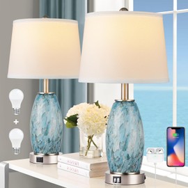 Lovlast Table Lamps Set of 2 with 3-Way Lighting Modes, USB & Type C Ports - Coastal Modern Style Glass Nightstand Lamps for Living Room & Bedroom Decoration (23.5" H)