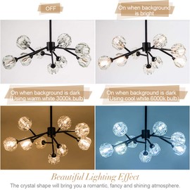 Weesalife Sputnik Chandeliers Modern Crystal Pendant Light Chandelier 9 Lights Mid Century Black Branches Chandeliers Ceiling Light Fixtures for Dining Room Bedroom Living Room G9 Bulbs