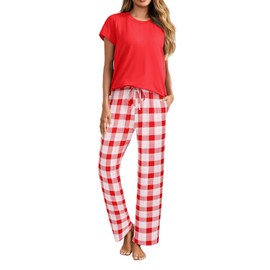 Ekouaer Women's Pajamas 2 Piece Pajama Sets Soft Short Sleeve Sleepwear Ladies Lounge Sets Red-white Plaid X-Large