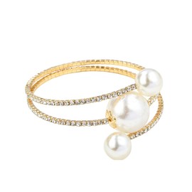 Dainty Rhinestone Silver Gold Pearl Open Bangle Bracelet Fashion Chunky Gold Bracelets Wedding Sparkly Layered Bracelet Adjustable Pearl Bracelets for Women-A