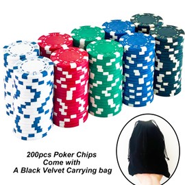 SEETOOOGAMES Casino Poker Chips Clay - 200pc 11.5g Gambling Chips - 5 Color (Red, Green, White, Black and Blue)