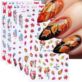 Fall Nail Art Stickers Decals Autumn Maple Leaf Foxes Nail Stickers 6PCS 3D Self-Adhesive Fall Leaves Feather Floral Plant Design Nail Decals for Thanksgiving Day DIY Manicure Nail Art Decorations