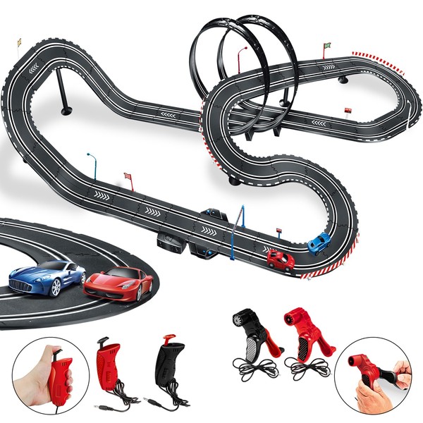 Losbenco Slot Car Race Track Sets, Battery or Electric Race Car Track with 2 High-Speed Slot Cars, 2 Electric Controller and 2 Manual Controller Circular Overpass Track, Gift for Kids Ages 6 7 8-12