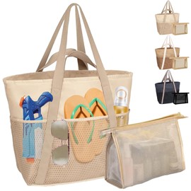 LUKIUP 2-Piece Set Beach Bag Family, XL Swimming Bag with Mini Bath Bag, Beach Bag, Shopping Bags for Travel, Shopping and Everyday Use, cream-coloured