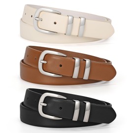 WERFORU Women's Casual Leather Belt for Jeans, Fashion PU Leather Belt with Alloy Buckle, Black+Brown+Beige With Silver Buckle