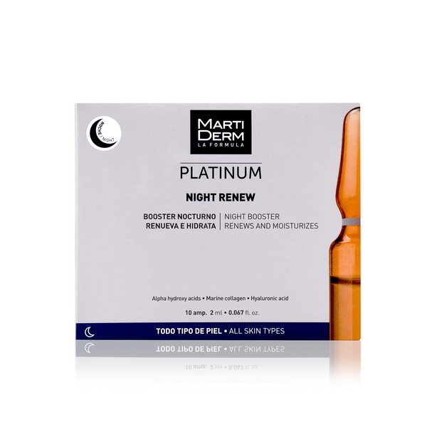 MartiDerm Night Renew Ampoule for Women and Men with Alpha Hydroxy Acids, Marine Collagen, Hyaluronic Acid, Leaving Skin Smoother Every Night, 10 Ampoules.