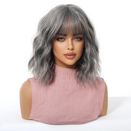 Short Grey Wavy Wigs for Women Natural Synthetic Wig with Bangs for Daily Party Use