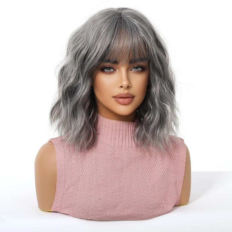 Short Grey Wavy Wigs for Women Natural Synthetic Wig with