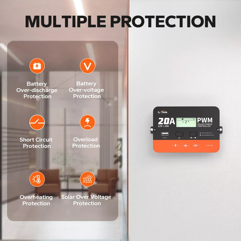 Litime 12/24V 20A PWM Solar Panel Battery Charge Controller LCD
