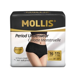 MOLLIS Disposable Period Underwear for Women, 2XL Heavy Flow Protection, Leakproof Guard, Black, 16 Count