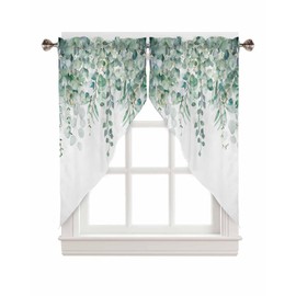 AYTTBIS Sage Green Eucalyptus Swag Curtain Valance for Windows,Watercolor Leaves Window Treatments Short Swag Topper for Kitchen Windows Bathroom Bedroom,28 x 36 Inch