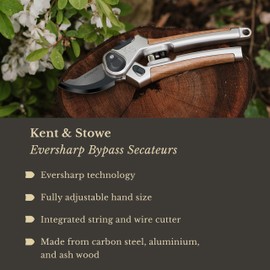 Kent & Stowe Eversharp Bypass Secateurs, Adjustable Garden Shears Suitable for Live, Delicate Wood, All Year Round Garden Tools Made from Carbon Steel, Aluminium, and Ash Wood