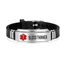 GMXLin Blood Thinner Medical Alert Silicone Sport Bracelet for Men Women Engraved Stainless Steel First Aid Health Monitoring Adjustable Emergency ID Wristband Identification Bracelets