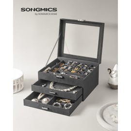 SONGMICS Jewelry Box, Lockable Jewelry Storage Organizer, Jewelry Case with Glass Window, for Rings, Earrings, Studs, Bracelets, Necklaces, Gray UJBC158G01