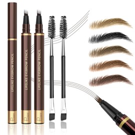 2PCS Microblading Eyebrow Pencil with Eyebrow Brush, Dark Brown Eye-brow Pencils for Women, 2-In-1 Waterproof Eyebrow Pen with 4-Fork & Ultra-Precise Tips for Hair-Like Eyebrow Makeup (Dark Brown)