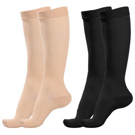 2 Pairs Compression Socks for Women & Men,Flight Socks Compression Stockings Knee High Pressure Support Flight Stockings for Maternity Pregnancy Nurses Flying Varicose Veins (Nude+Black, S/M)