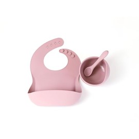 Evolve Heritage Collection Baby/Toddler Feeding 3pc Set: Baby Bowl with Suction, Silicone Bib, Baby Spoon. Baby Led Weaning Supplies. (Dusty Pink)